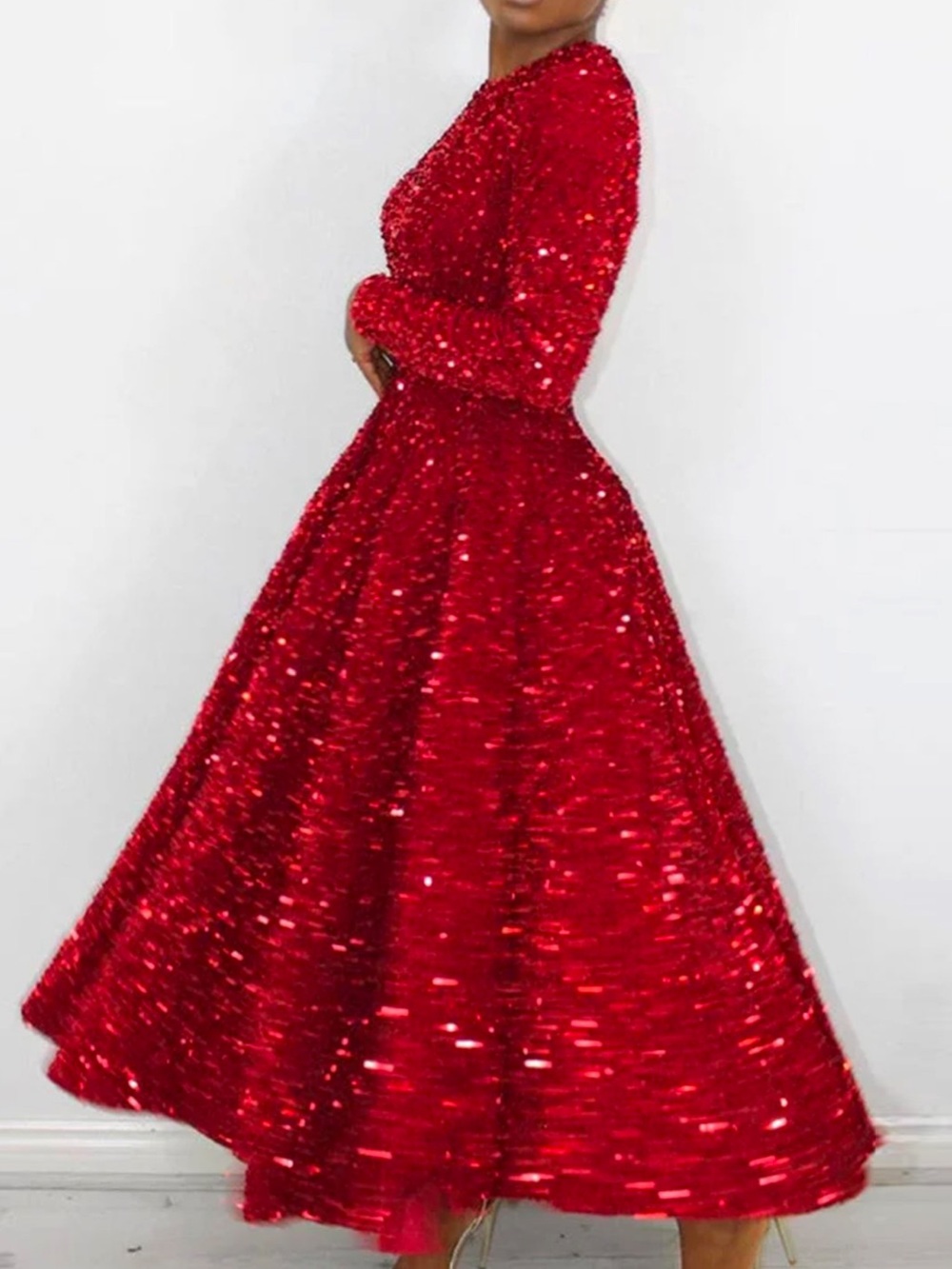 STYLEWE Red Long-Sleeve Sequin Fit-and-Flare Dress